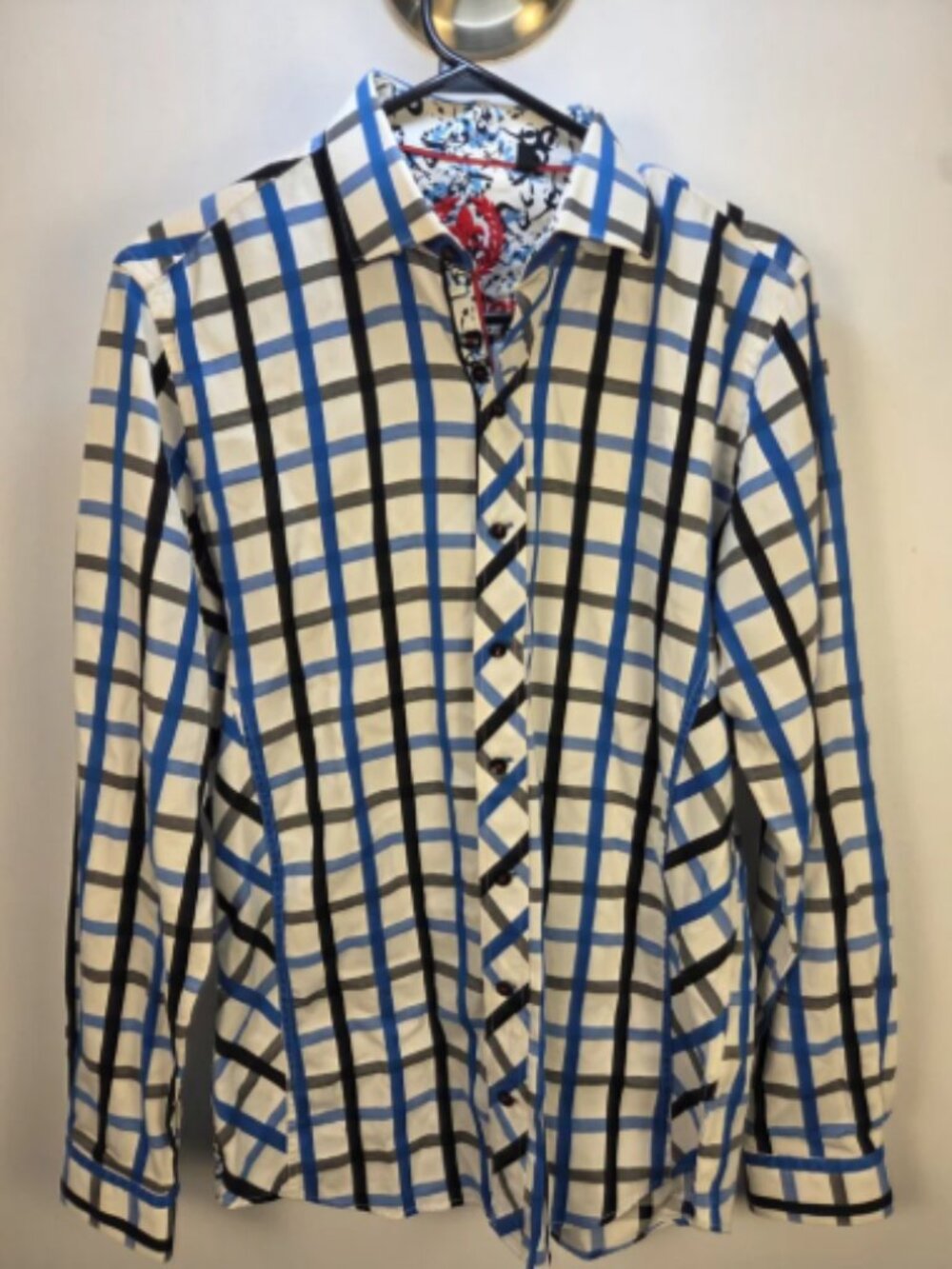 Au Noir Long Sleeves Men Shirt Size 2 White Gray Blue Squarred Pre-Owned